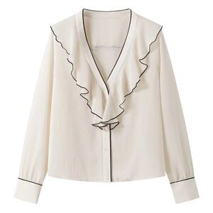 ZARA Cream Sheer Ruffle Blouse Black Trim Romantic Top NWOT Size M